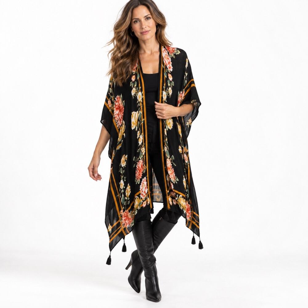 R&F Accessories Black Floral Kimono Duster Long Open Front Tassel Boho One Size